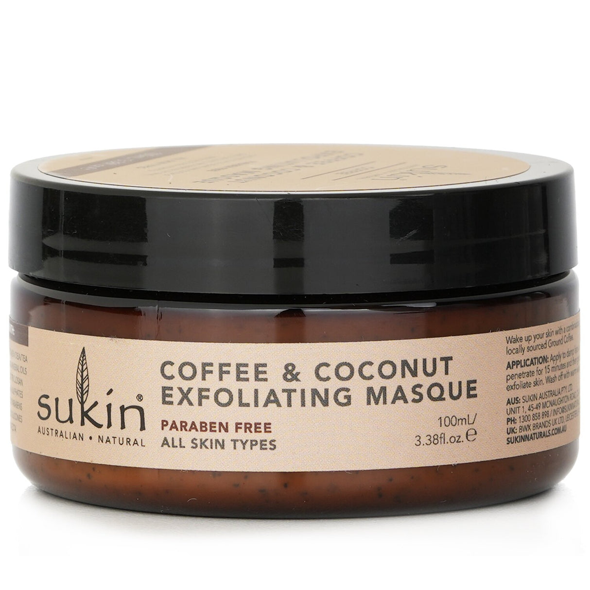 Sukin Natural Coffee & Coconut Exfoliating Masque rejuvenates skin with coffee grounds, coconut shell, and Aloe Vera for a polished glow.