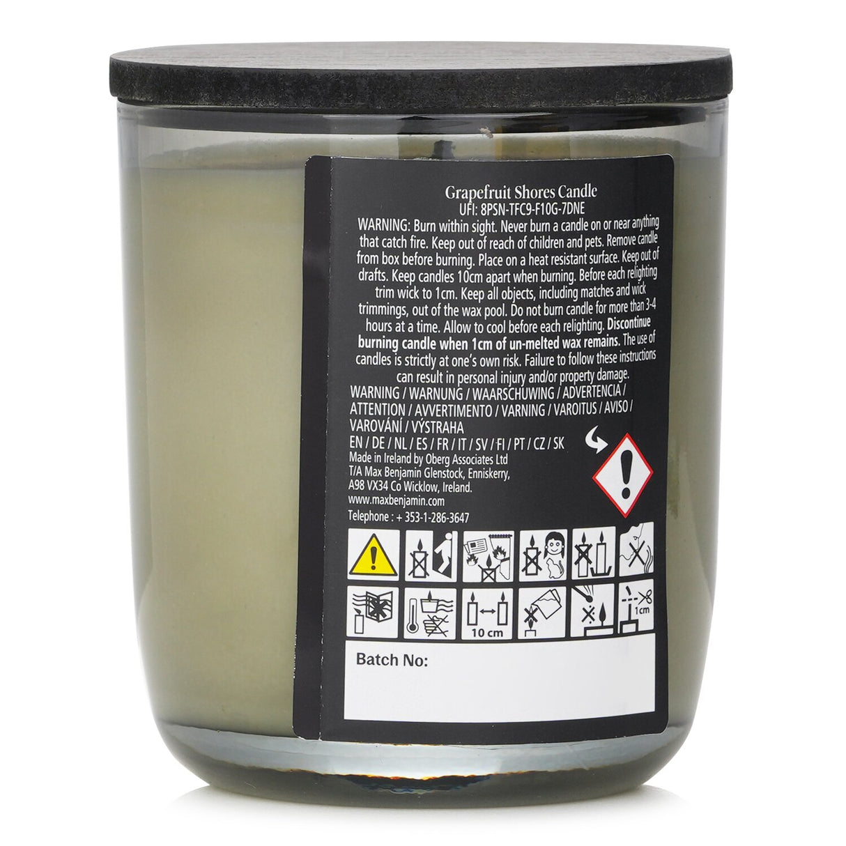 Natural wax candle with grapefruit and citrus scents; hand-poured, 210g, 50-hour burn time, evokes sunlit beach relaxation.