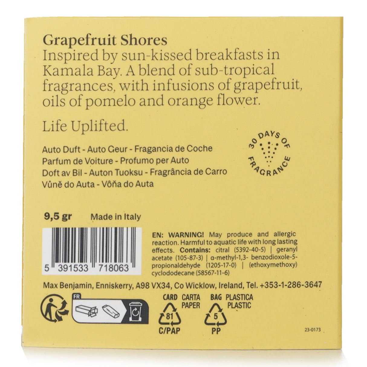 Max Benjamin Grapefruit Shores car fragrance refill, offering a fresh citrus scent inspired by tropical beach mornings.