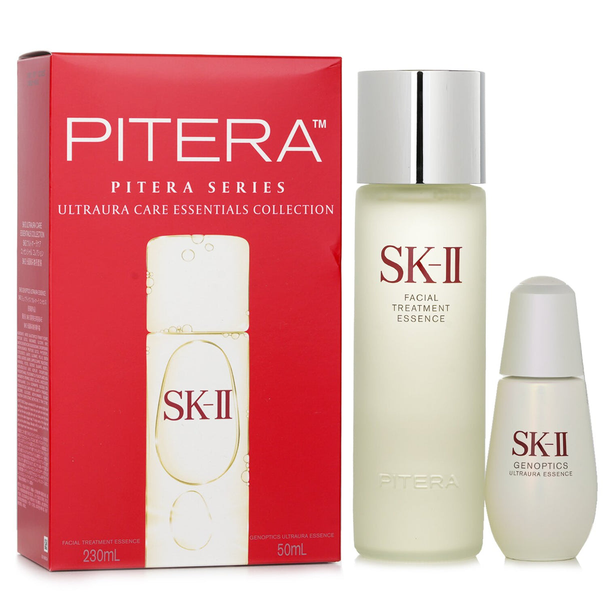 SK II Ultraura Care Essentials Collection featuring Facial Treatment Essence and Genoptics Ultraura Essence for radiant skin.