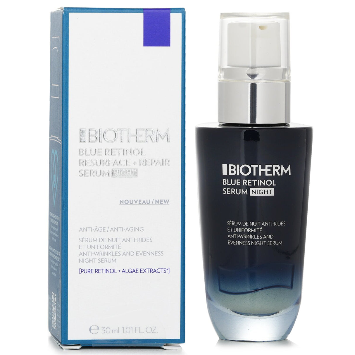 Biotherm Blue Retinol Night Serum in a 30ml bottle, featuring 1% Life Plankton and 0.25% Pure Retinol for skin rejuvenation.