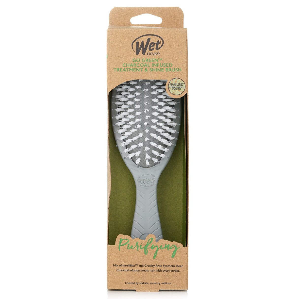 Eco-friendly Wet Brush infused with charcoal for gentle detangling and shine, suitable for all hair types.