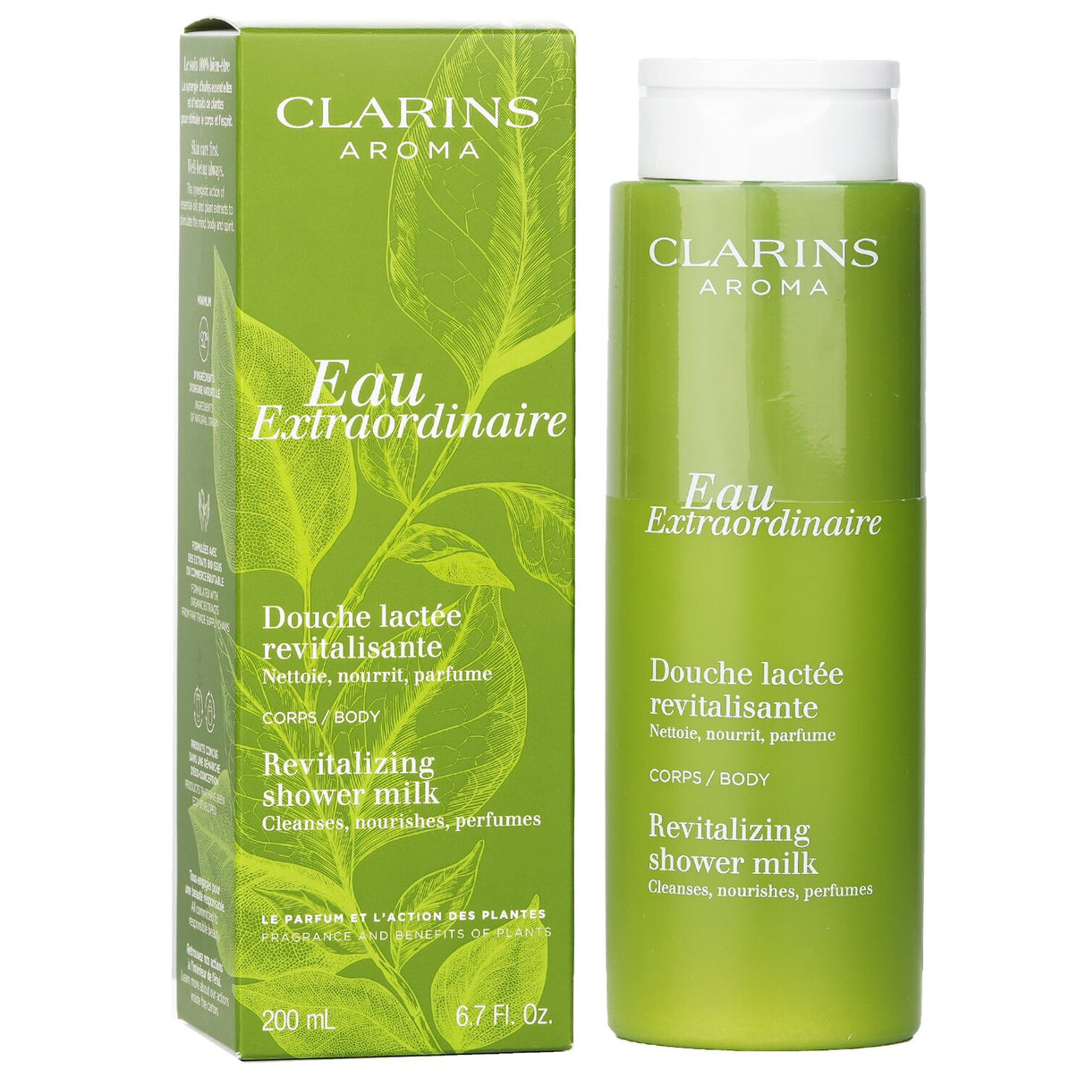 Luxurious 200ml Clarins Eau Extraordinaire revitalizing shower milk, infused with citrus and floral notes for hydrated skin.