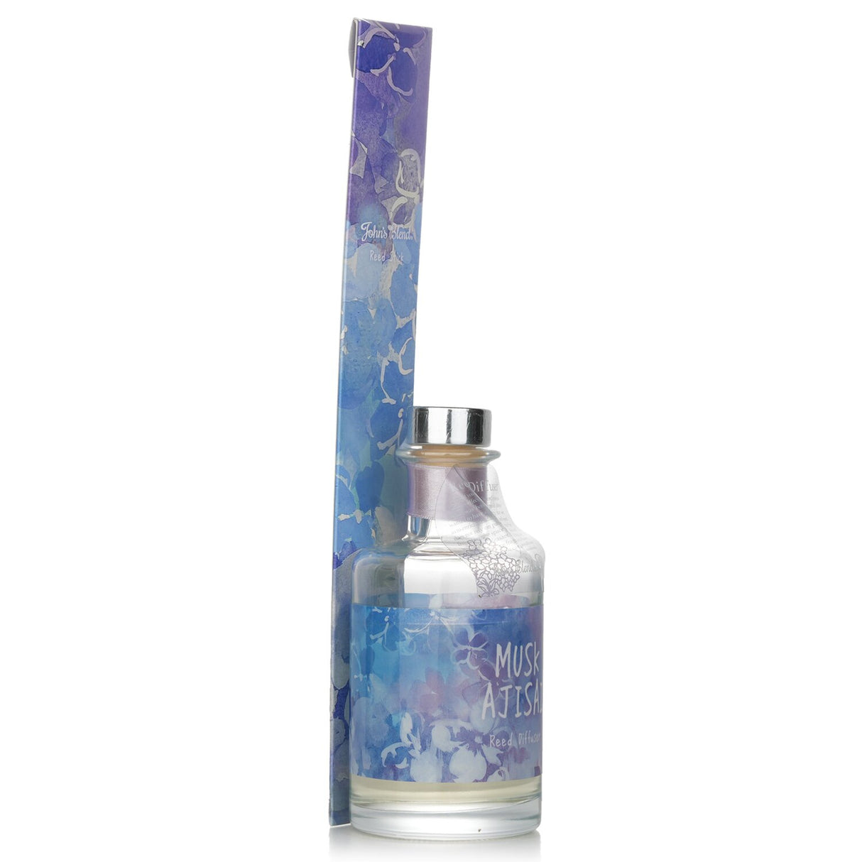 Elegant reed diffuser in a beautifully designed bottle, featuring calming Musk Ajisai scent for a serene home ambiance.