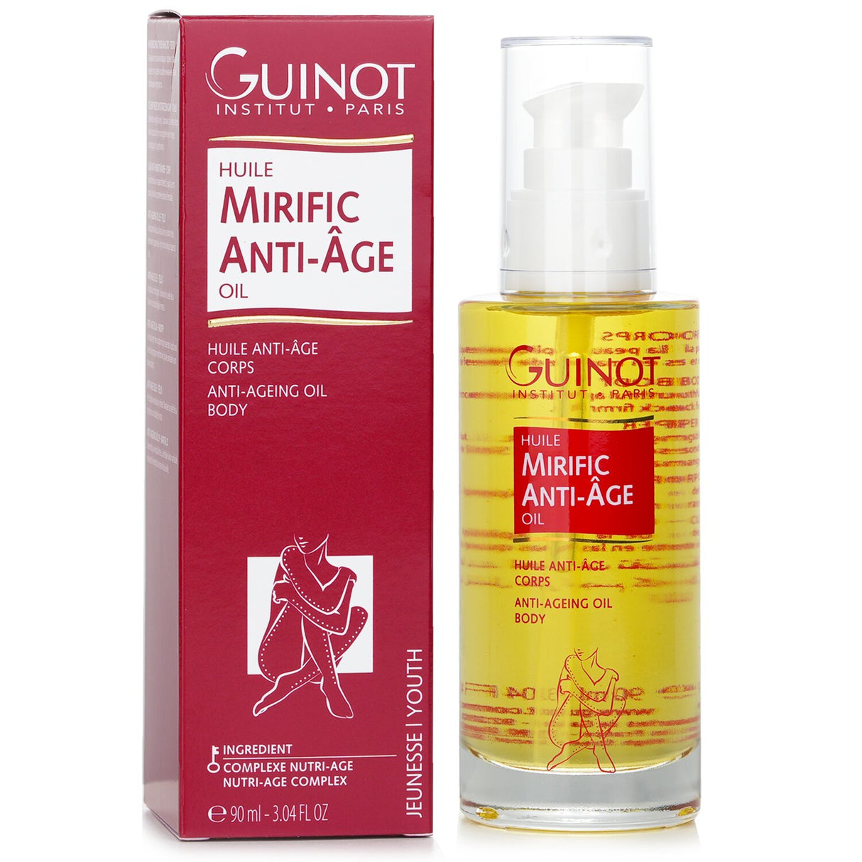 Luxurious anti-aging body oil in a 90ml bottle, enhances skin comfort, boosts collagen, and leaves no greasy residue.