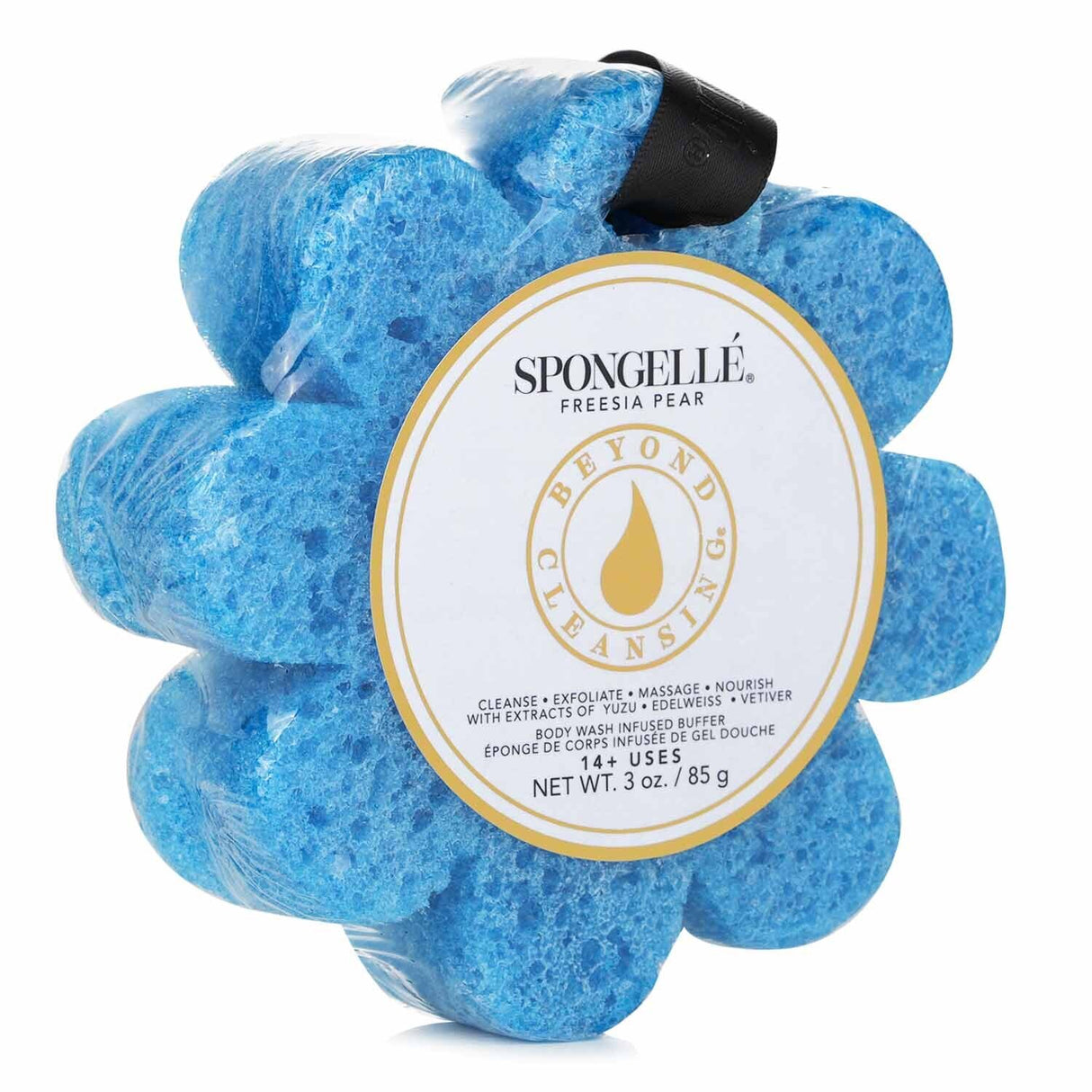Luxurious blue soap sponge infused with Freesia Pear scent, Yuzu, Edelweiss, and Vetiver extracts for radiant skin.