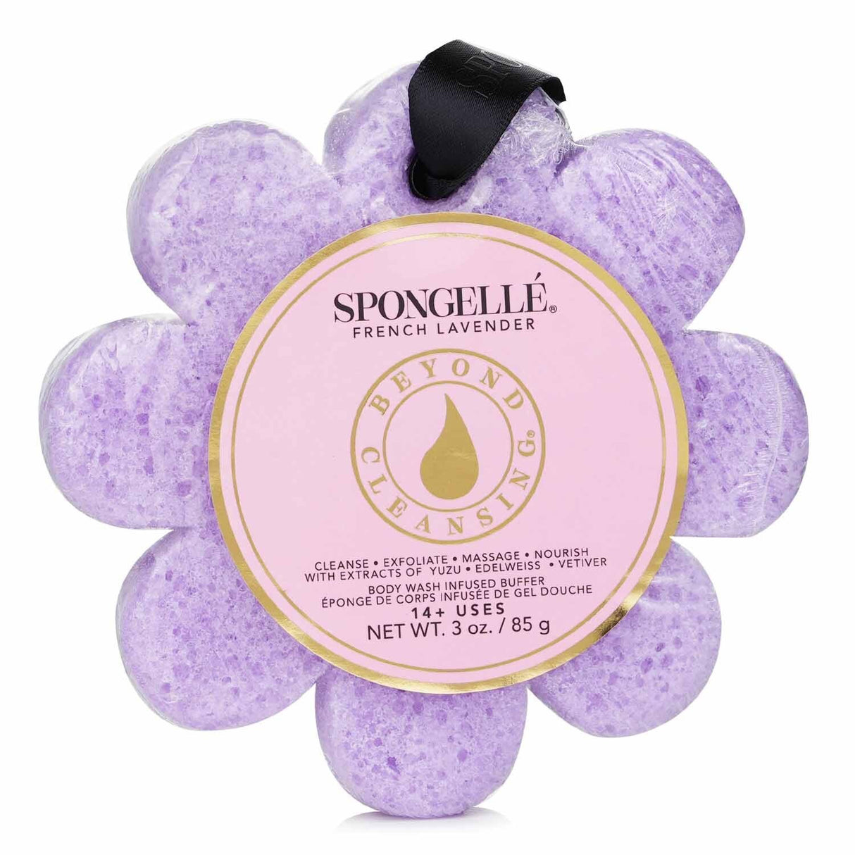 Luxurious purple soap sponge infused with French Lavender, Yuzu, and Edelweiss for radiant, rejuvenated skin.