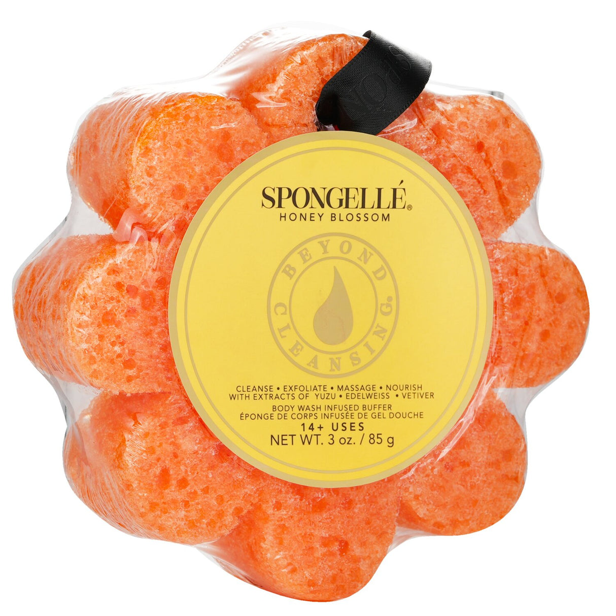 Luxurious orange soap sponge infused with Yuzu, Edelweiss, and Vetiver for a spa-like Honey Blossom fragrance experience.