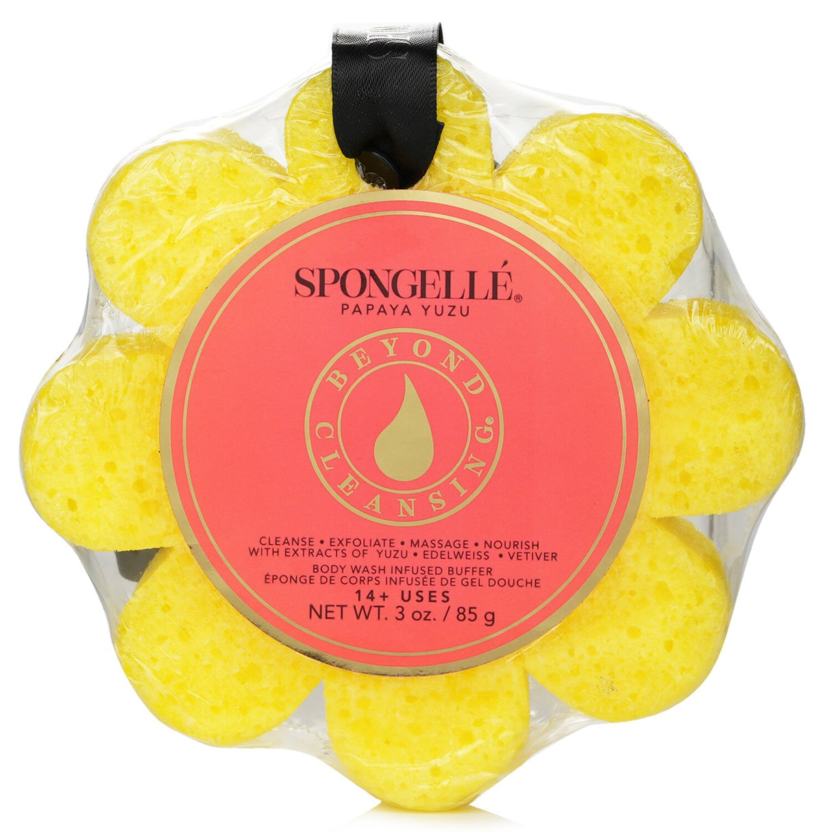 Bright yellow Spongelle Wild Flower Soap Sponge infused with Papaya Yuzu, providing a tropical spa-like bathing experience.