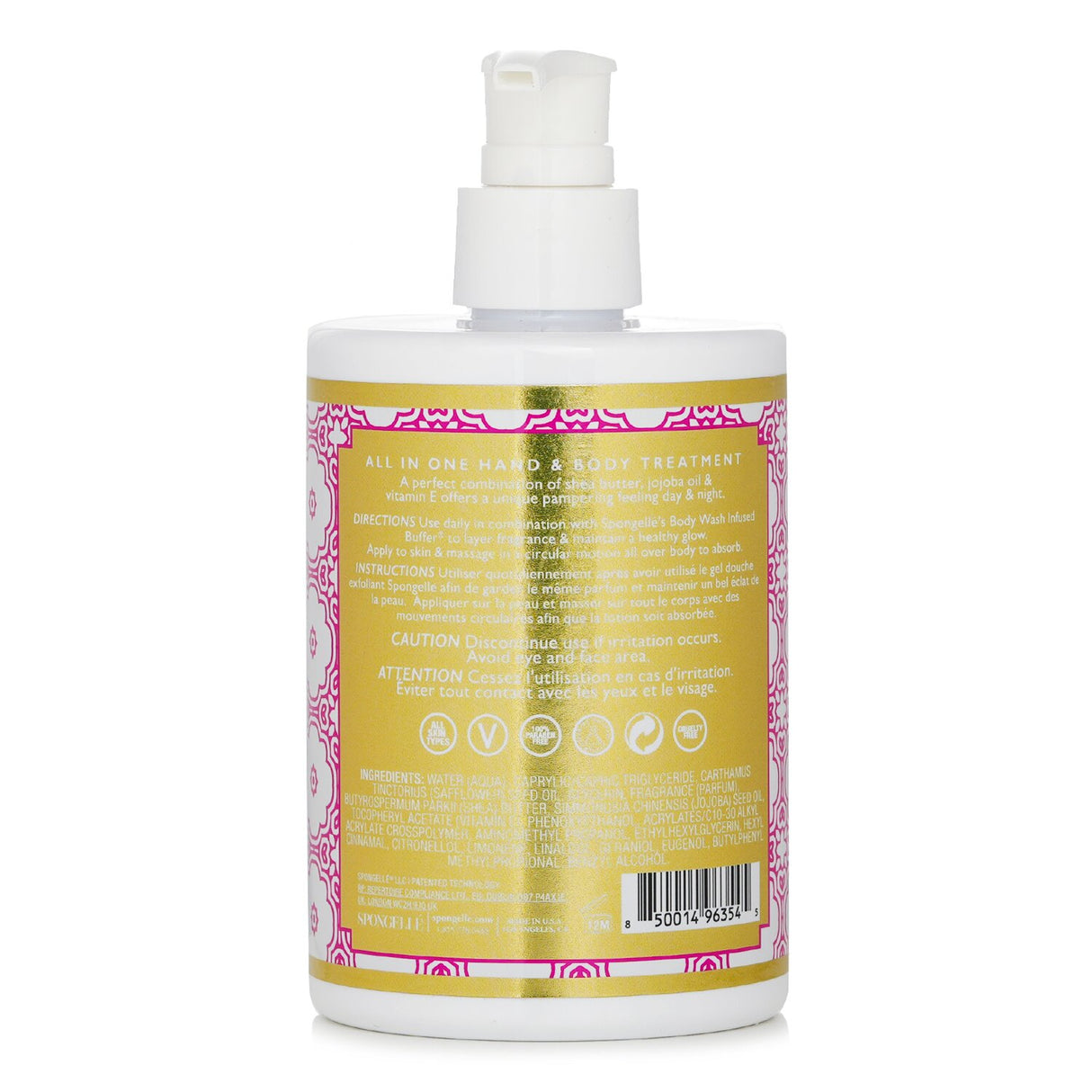 Luxurious Spongelle Hand & Body Lotion in Bulgarian Rose, 325ml, deeply hydrates skin with a soothing, floral scent.