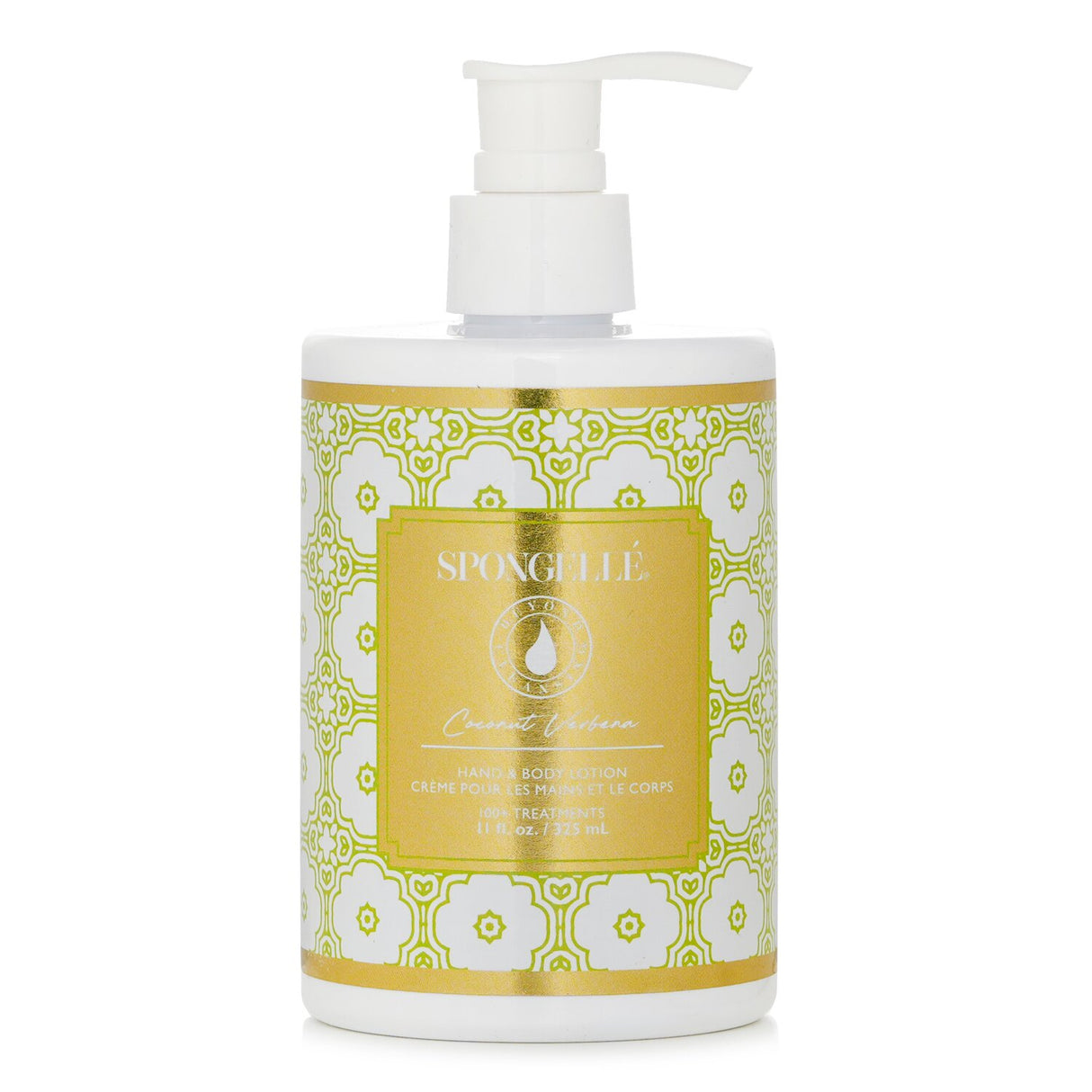 Luxurious Spongelle Coconut Verbena hand and body lotion, deeply hydrating with nourishing oils, perfect for soft, scented skin.