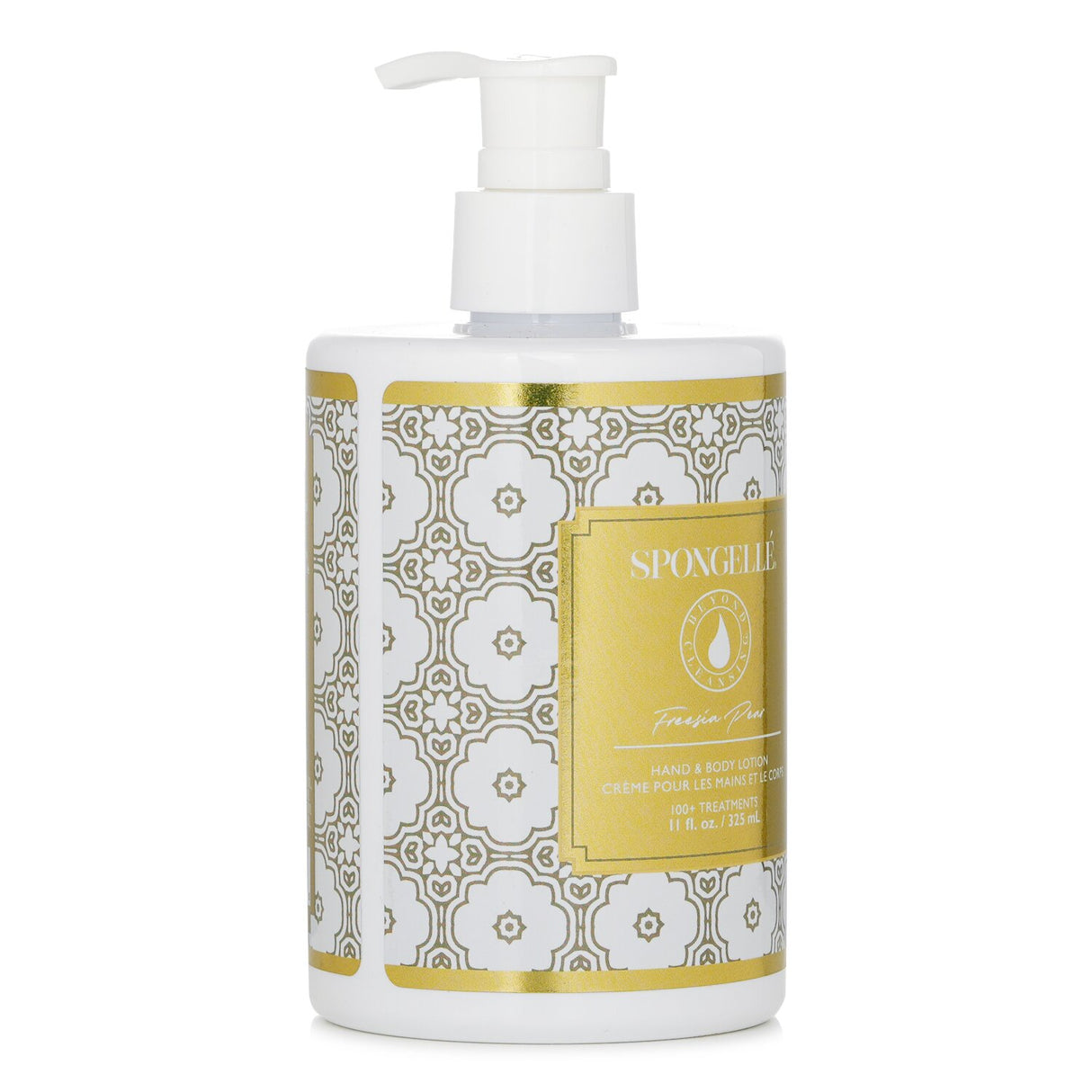 Luxurious Spongelle Hand & Body Lotion in Freesia Pear, 325ml, offers creamy hydration and a captivating scent for all skin types.