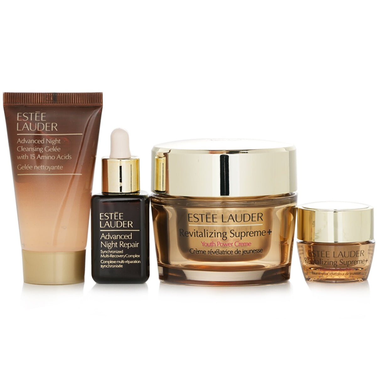 Estee Lauder Lift + Firm Routine Set with serum, cream, eye balm, and cleansing lotion for youthful, firm skin.