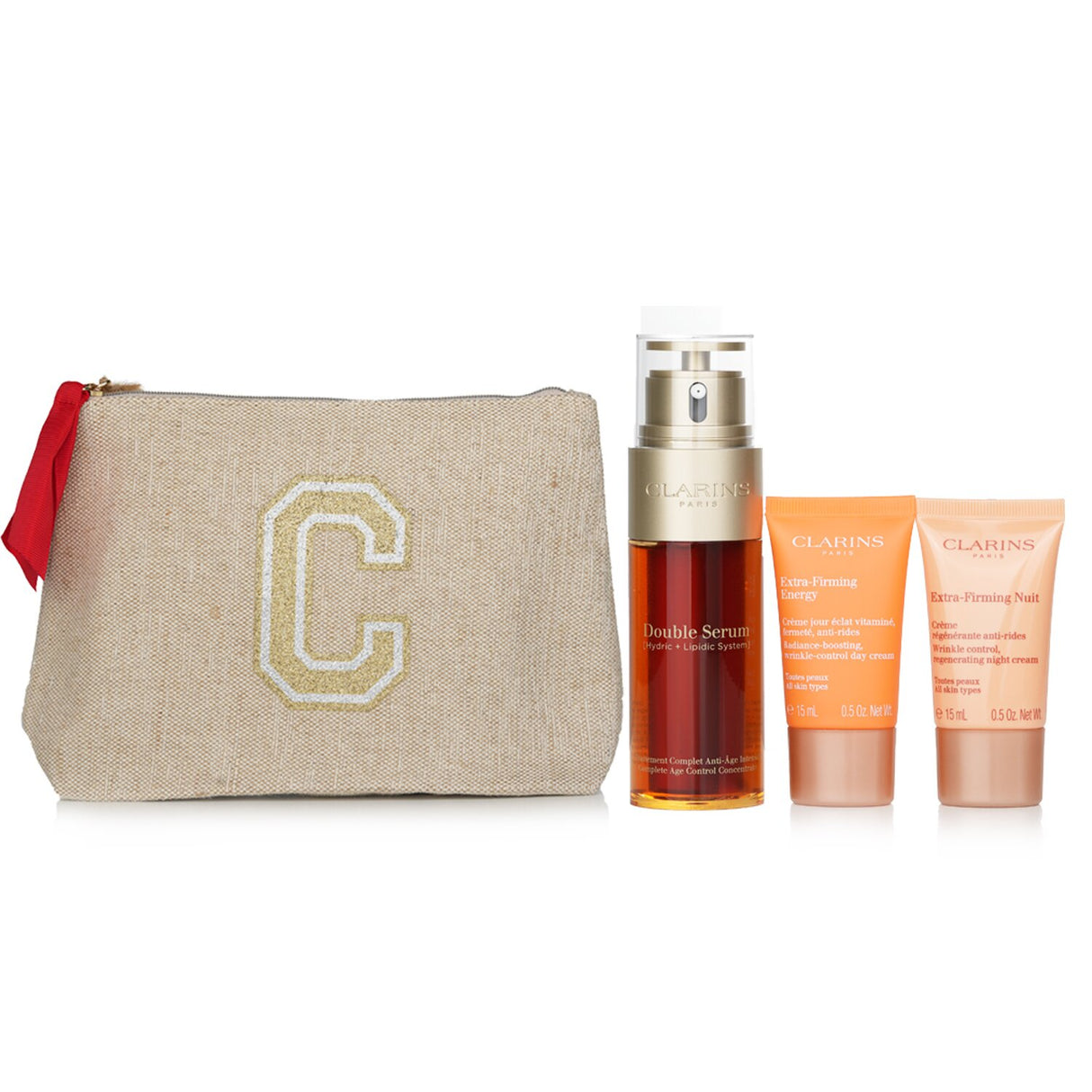 Clarins Rituale Double Serum & Extra Firming Set with 3 skincare essentials and a stylish pouch for radiant, youthful skin.