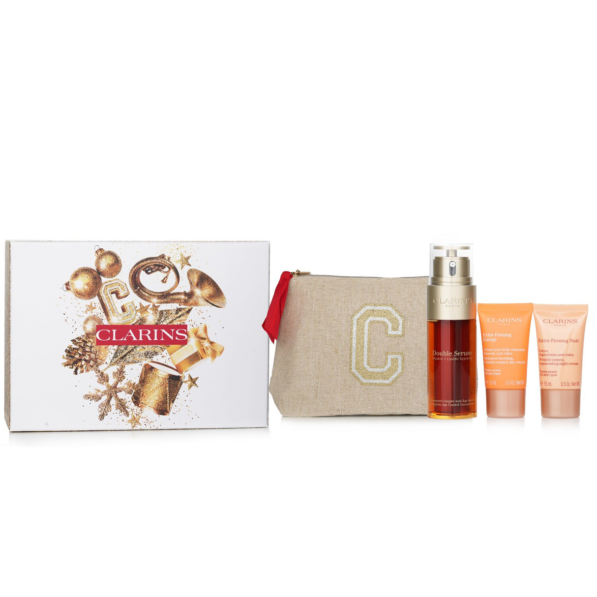 Clarins Rituale Double Serum & Extra Firming Set includes 3 skincare essentials in a stylish pouch for radiant, youthful skin.