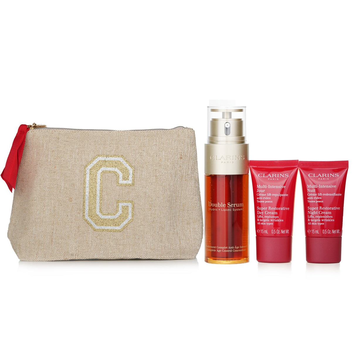 Clarins 4-piece skincare set featuring Double Serum and Multi Intensive creams in a stylish travel pouch for radiant skin.