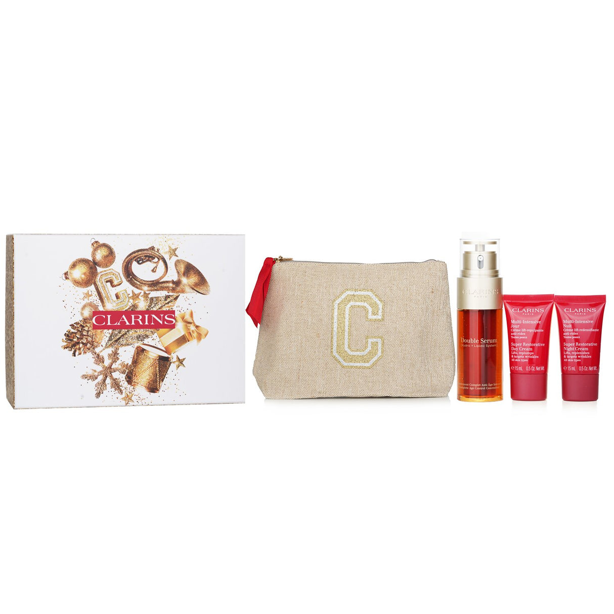 Clarins Rituale Double Serum & Multi Intensive Set with serum, day and night creams, plus a stylish travel pouch.