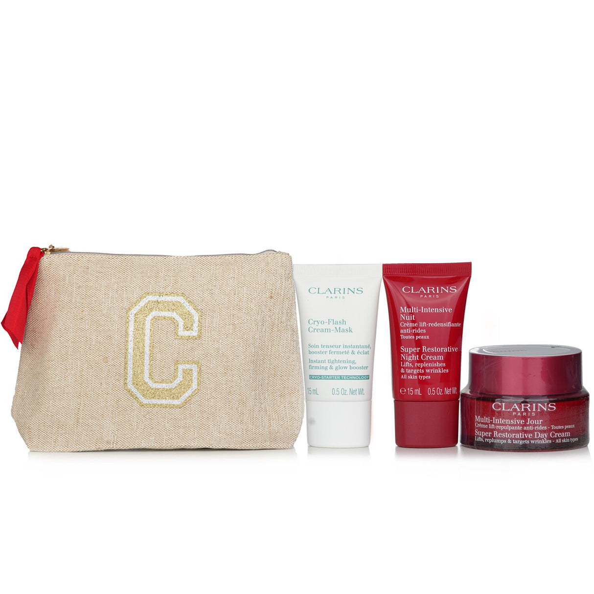Luxurious Clarins Rituale Multi Intensive Set with day cream, night cream, and cream mask, elegantly packaged in a stylish pouch.