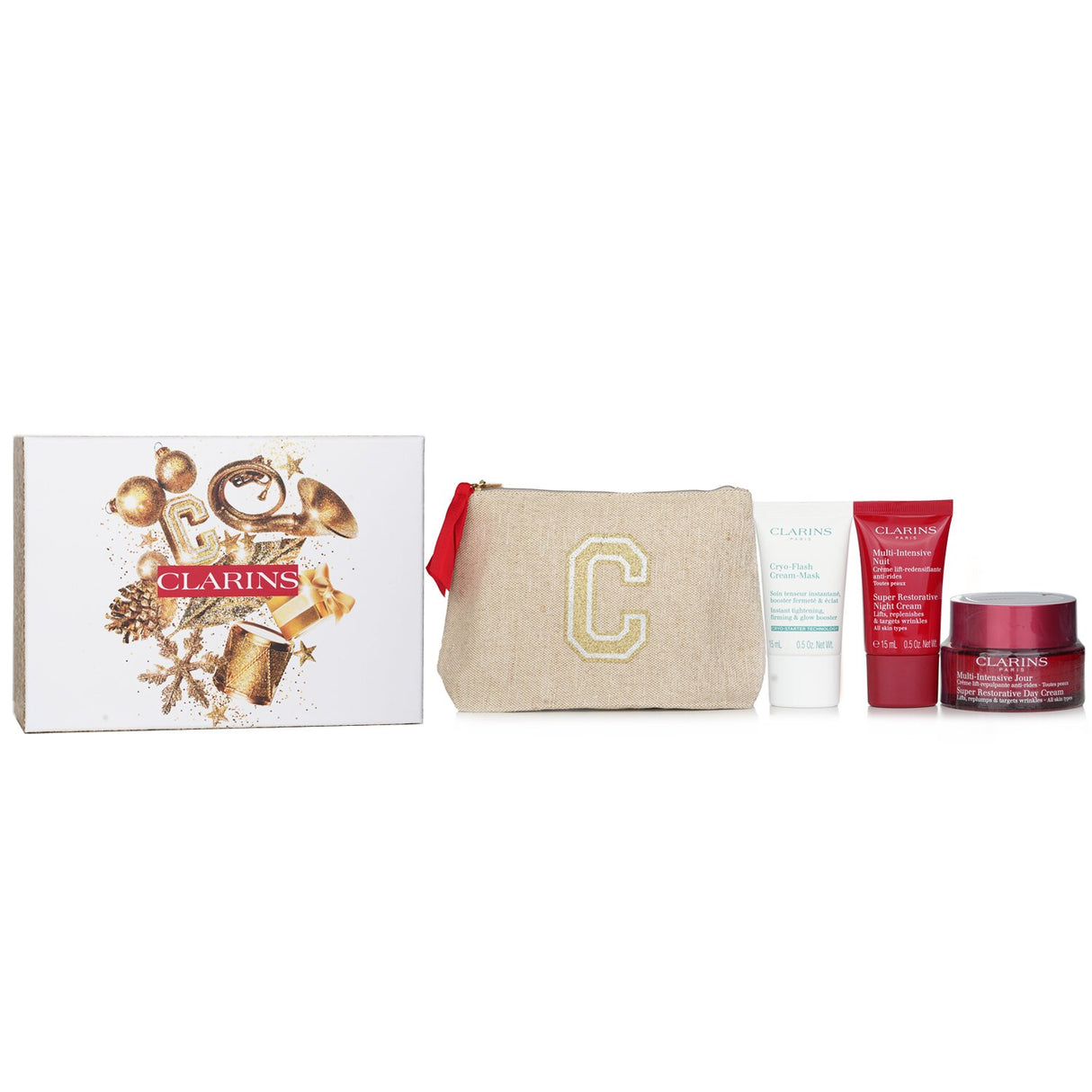 Luxurious Clarins Rituale Multi Intensive Set with Day Cream, Night Cream, and Cream Mask, all in an elegant pouch.