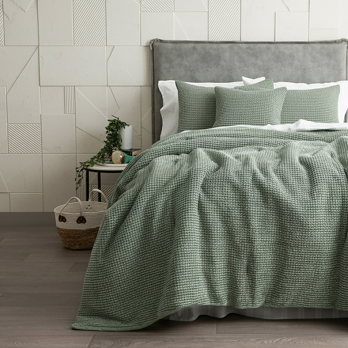 Cloud Linen Stone Washed Cotton Waffle Comforter Set King/Super King Moss