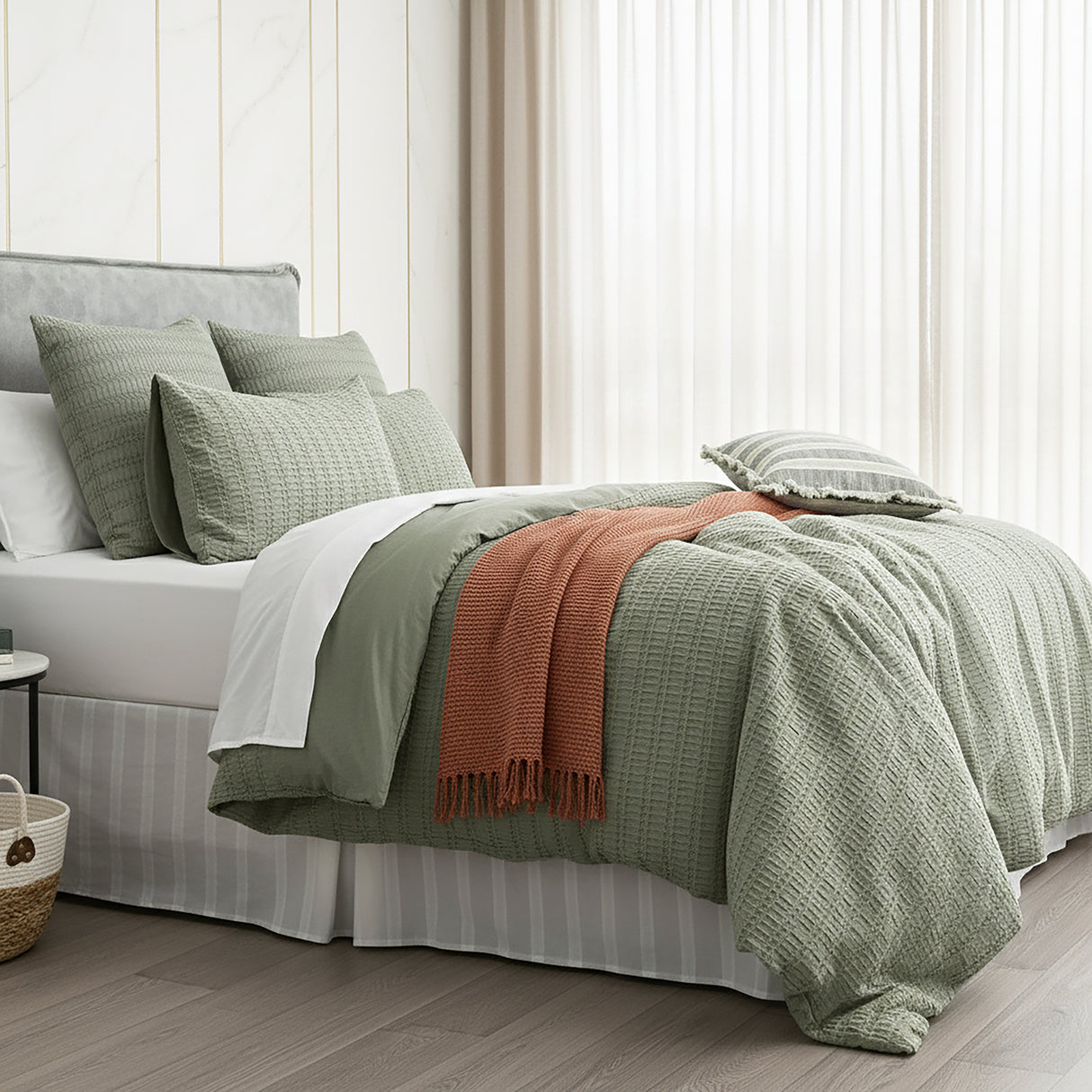 Cloud Linen Celeste Seersucker Cotton Waffle Quilt Cover Set King Sage