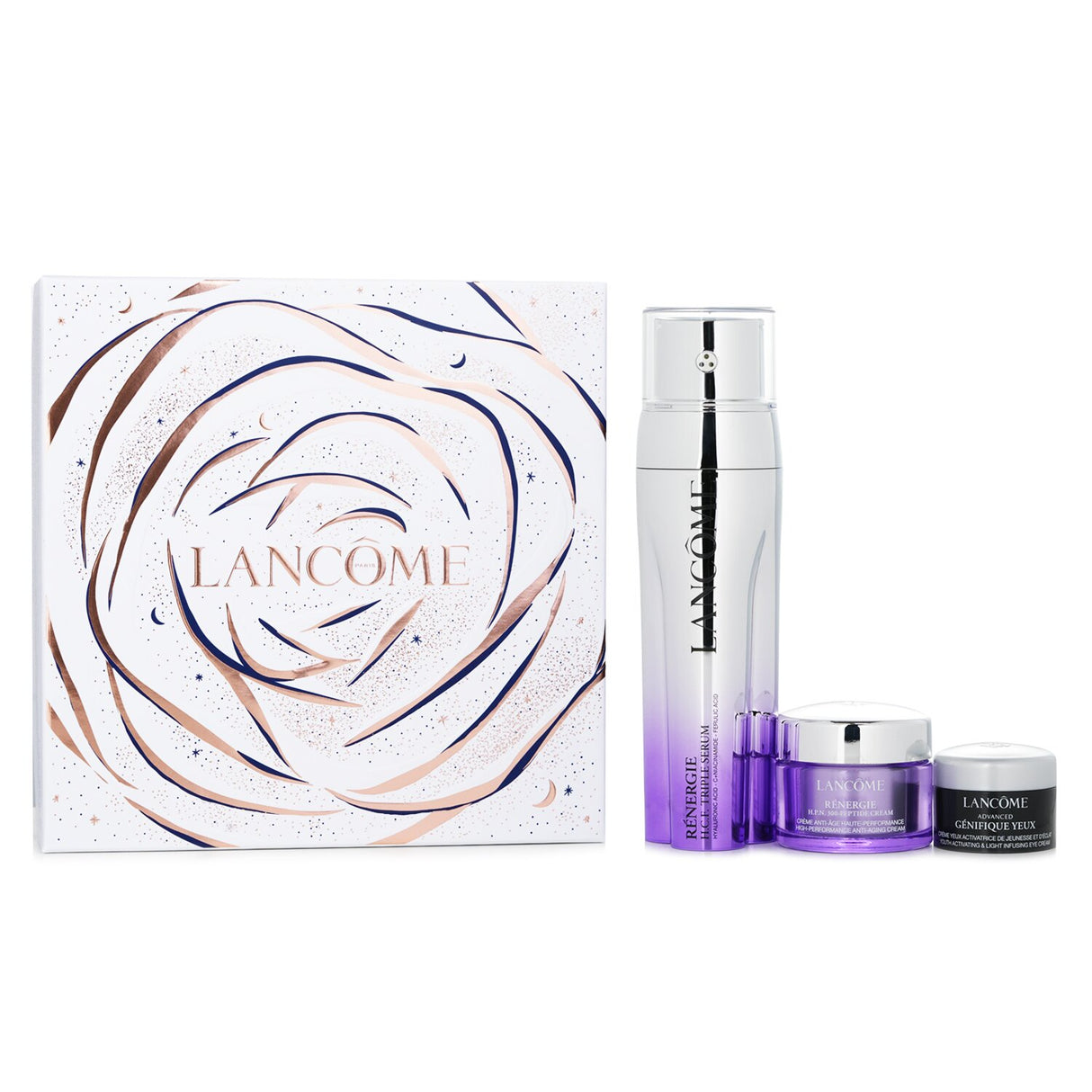 "Lancôme Renergie and Genifique Skincare Set featuring Triple Serum, Peptide Cream, and Eye Cream for youthful, radiant skin."
