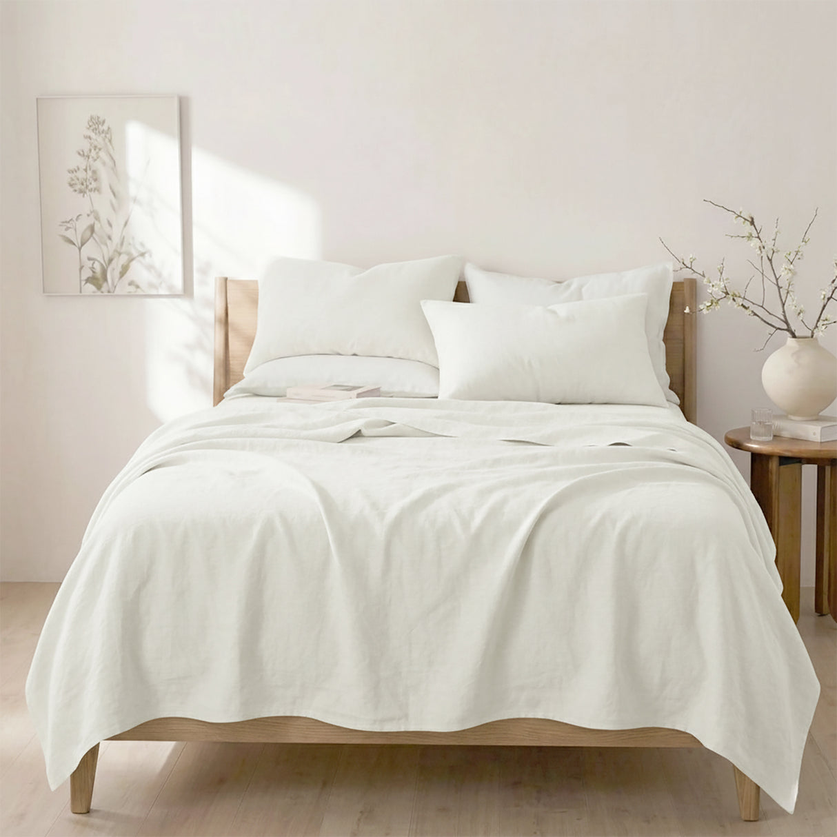 Renee Taylor Washed Linen Cotton Sheet Set Queen White
