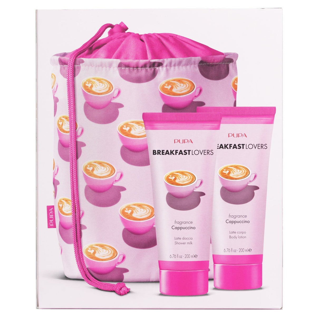 Pupa Breakfast Lovers Kit: cappuccino shower milk and body lotion in a stylish purse, perfect for skincare and coffee lovers.