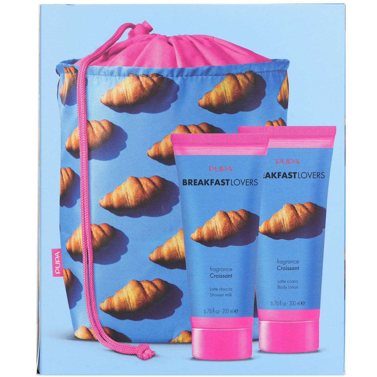 Pupa Breakfast Lovers Kit featuring croissant shower milk and body lotion in a stylish bag, perfect for pampering or gifting.