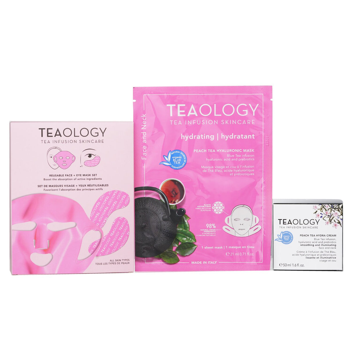 Teaology Peach Tea Hydrating Beauty Set featuring Hydra Cream, Hyaluronic Mask, and reusable mask for radiant skin.