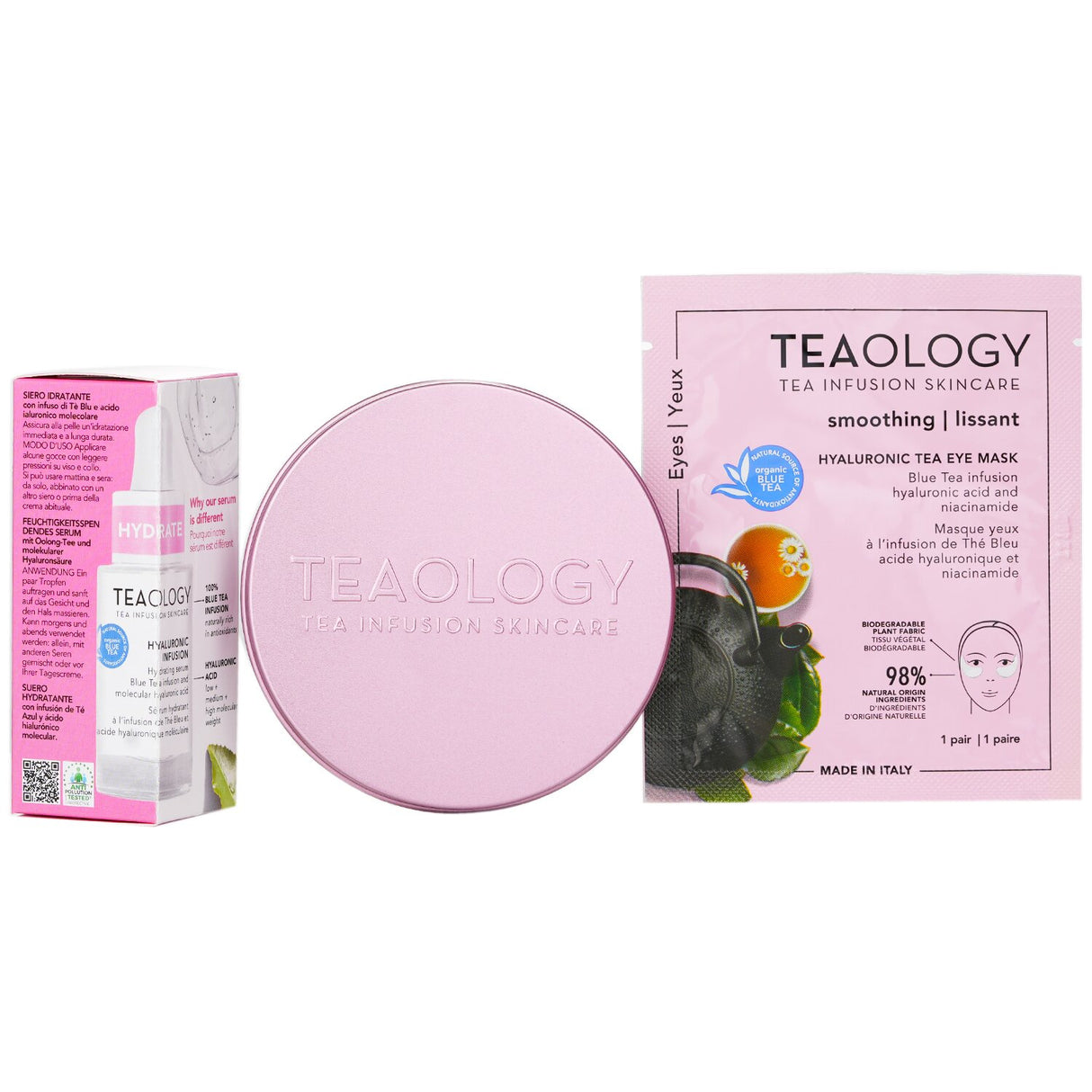 Teaology Hyaluronic Infusion Forever Beauty Ritual Set, featuring a serum, eye mask, and silicone patches for intense hydration.