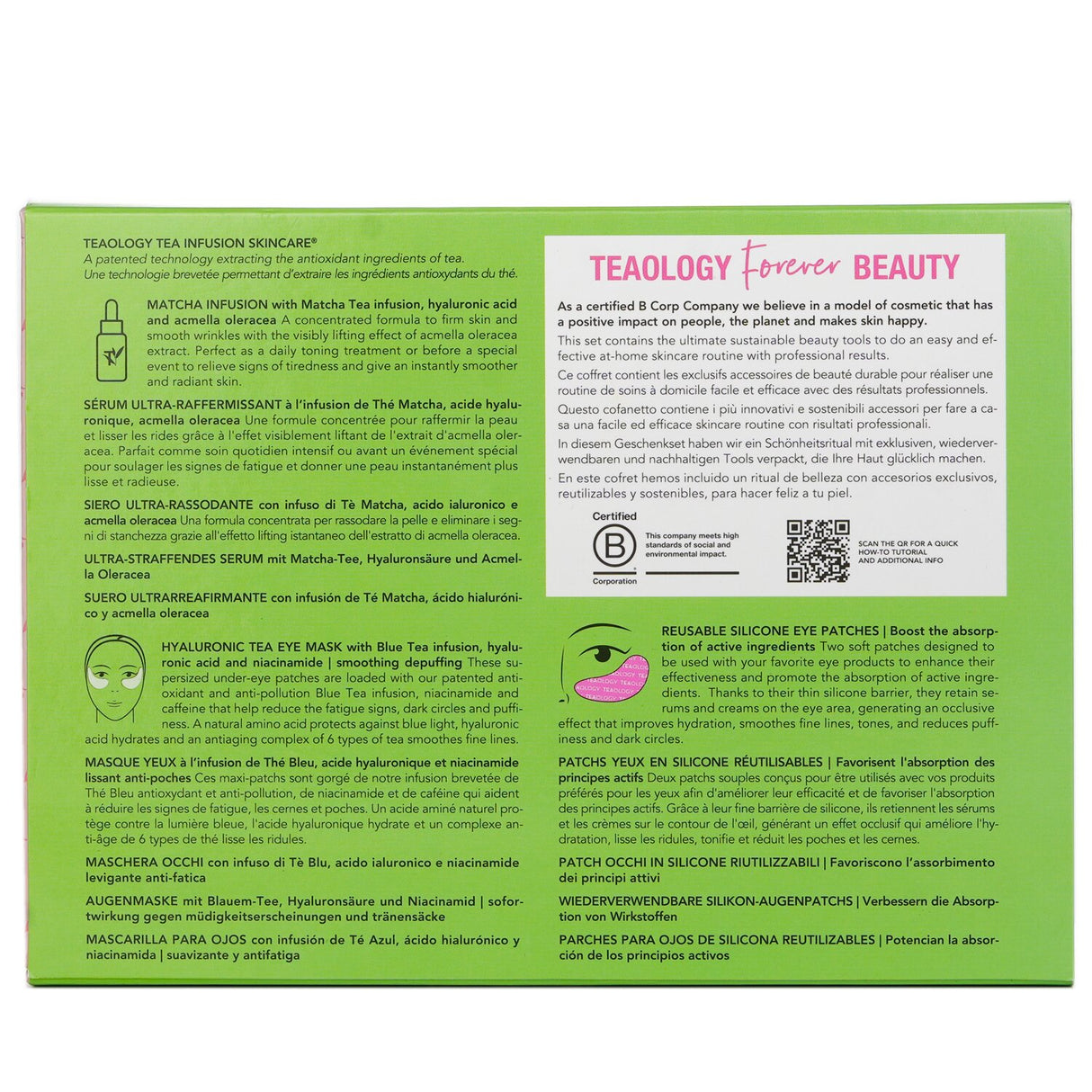 Teaology Matcha Infusion Forever Beauty Ritual Set, featuring lifting serum, hydrating eye mask, and reusable silicone patches.