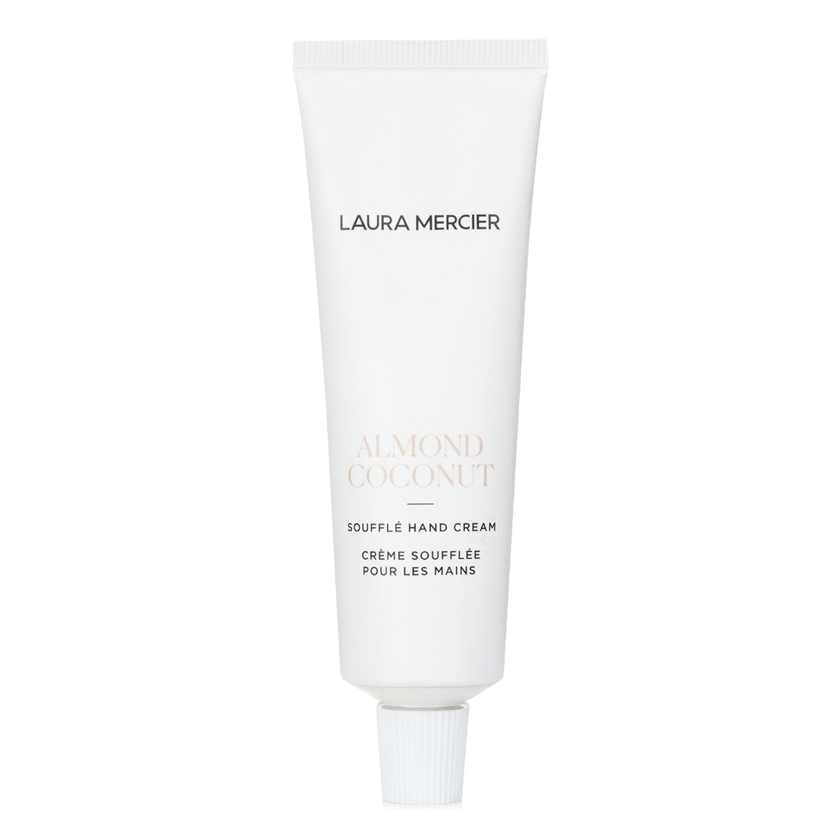 Laura Mercier Almond Coconut Souffle Hand Cream tube, featuring a rich, hydrating formula with a beachy Coconut and Almond scent.