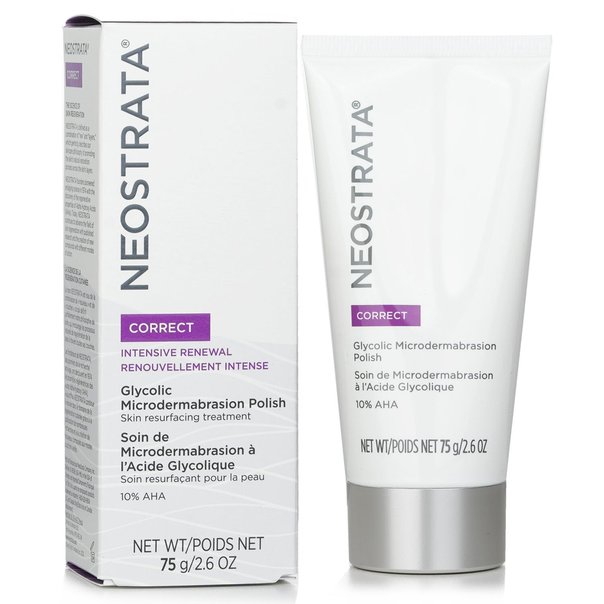 Neostrata Correct Glycolic Microdermabrasion Polish in 75g tube, designed for radiant skin, featuring 10% Glycolic Acid.