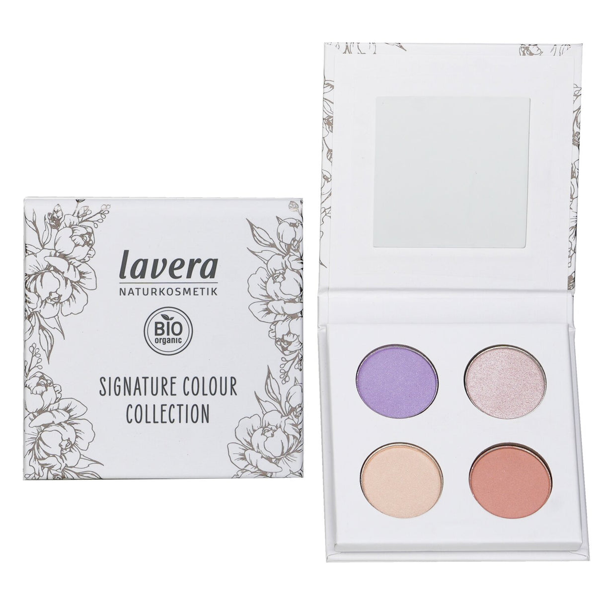 Lavera Pure Pastels eyeshadow palette features four creamy shades enriched with almond oil and vitamin E for easy blending.