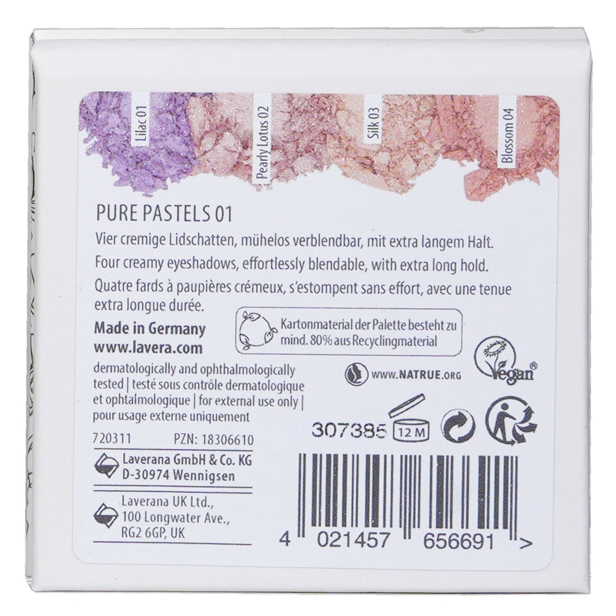 Lavera's #01 Pure Pastels eyeshadow palette with 4 creamy, nourishing shades for versatile, vibrant eye looks.