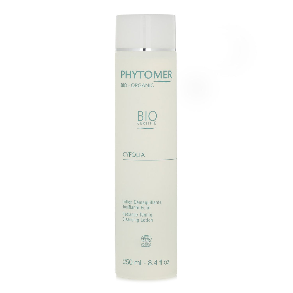 Phytomer Cyfolia Radiance Cleansing Lotion in a 250ml bottle, infused with sunflower oil and organic orange water for vibrant skin.