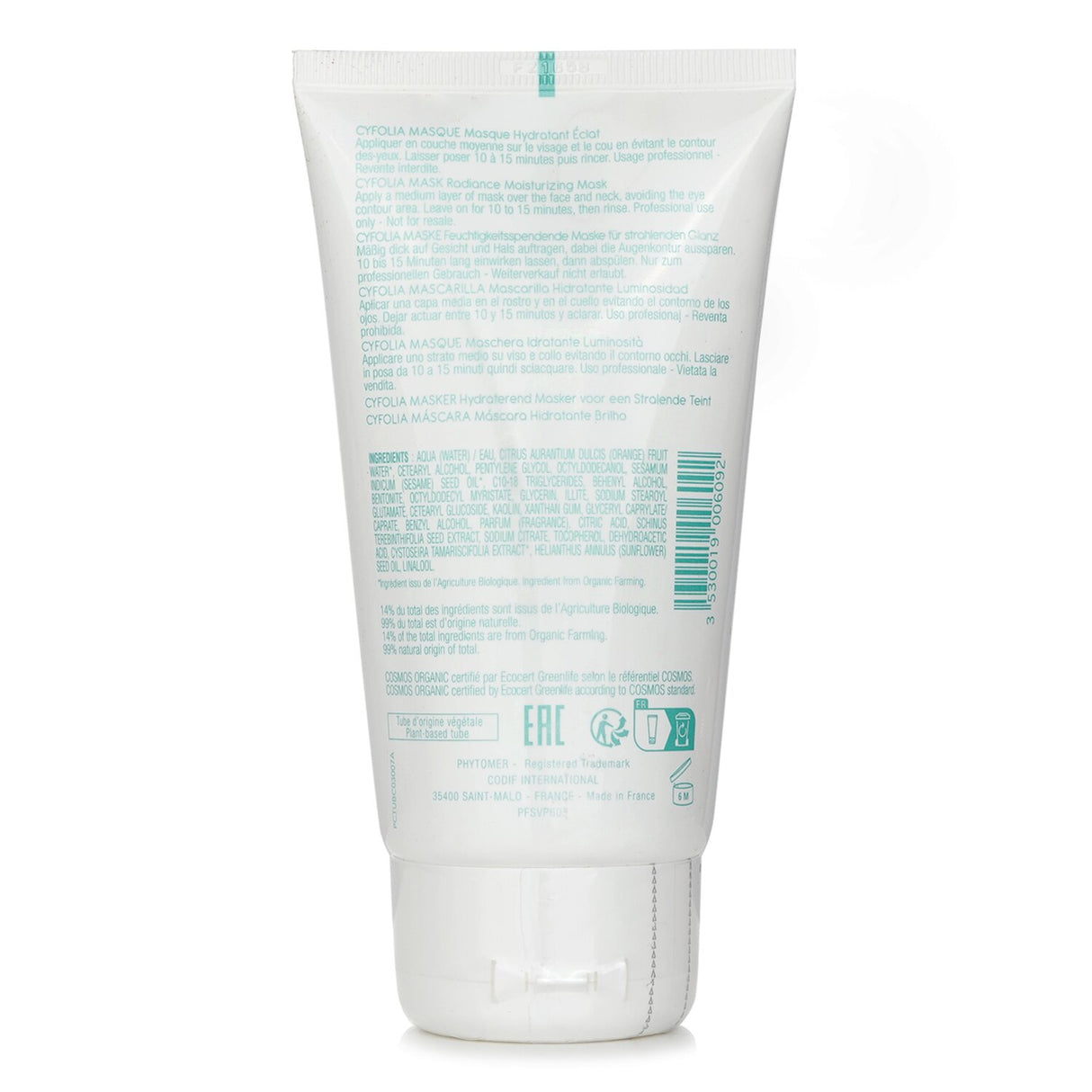 Phytomer Cyfolia Radiance Moisturizing Mask in 150ml, featuring a creamy texture for revitalizing all skin types.