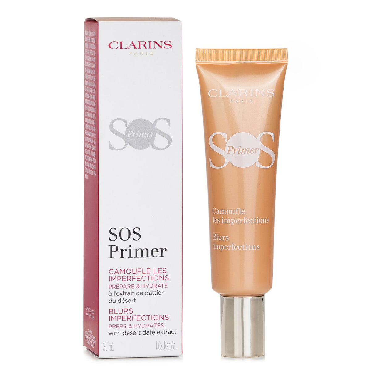 Clarins SOS Primer in #Peach, lightweight oil-free formula for a radiant, flawless complexion and 24-hour hydration.