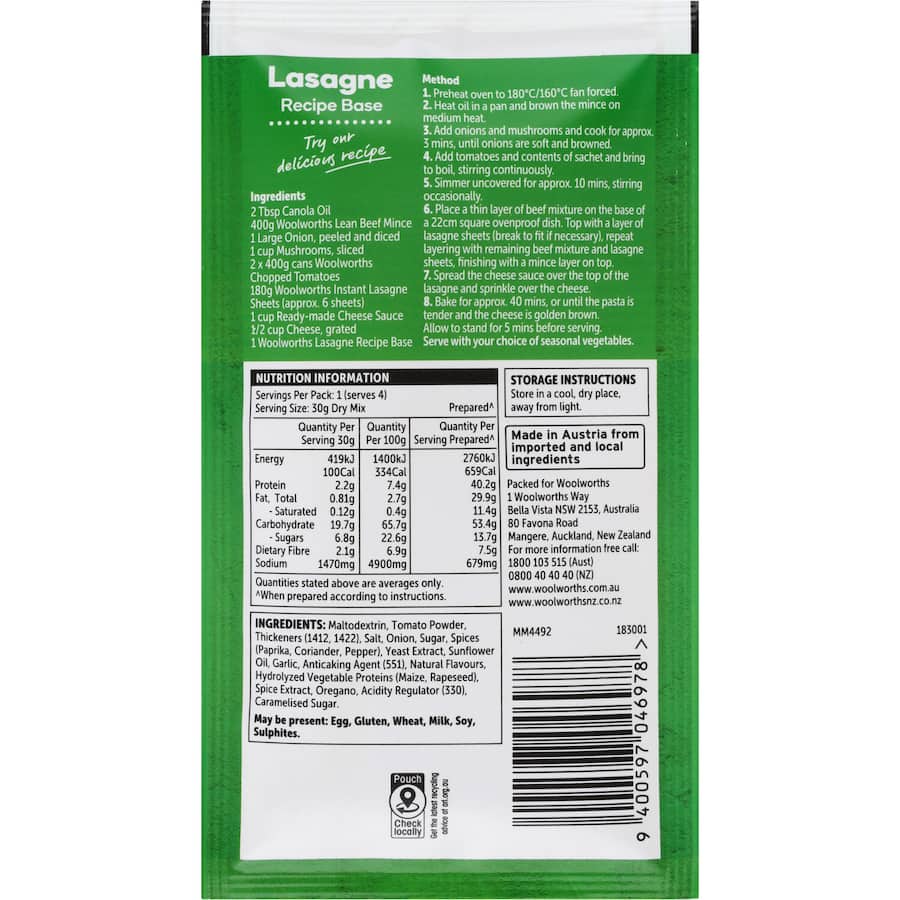 Woolworths Recipe Base Lasagna 30g