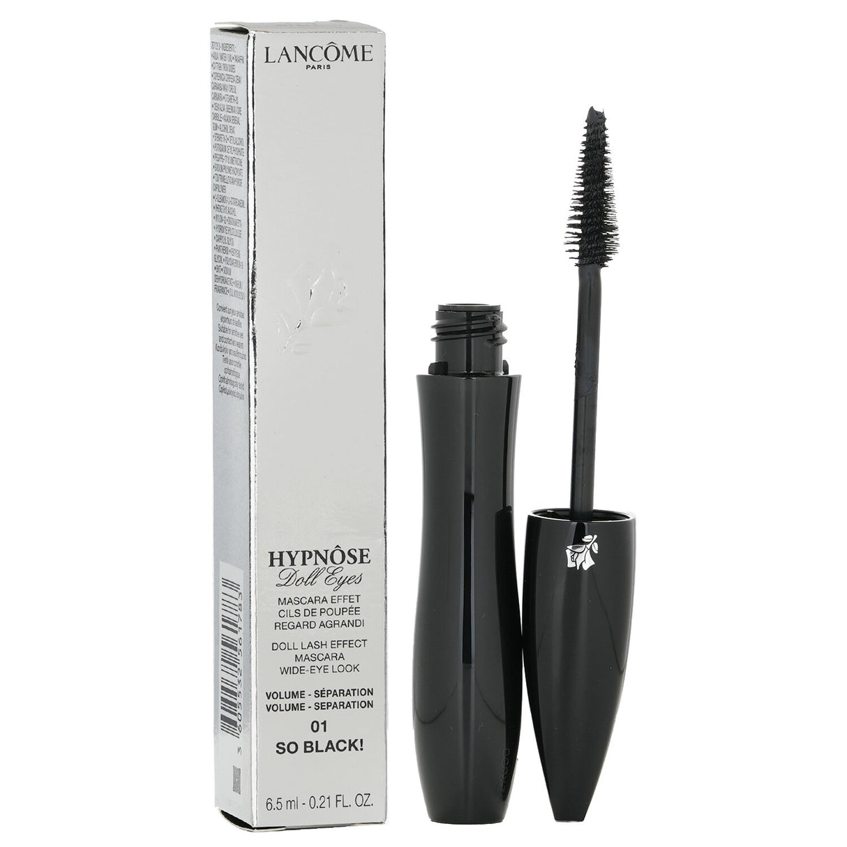 Lancome Hypnose Doll Eyes Mascara in Black, 6.5ml, enhances lashes with volume, lift, and a precision brush for a wide-eyed look.
