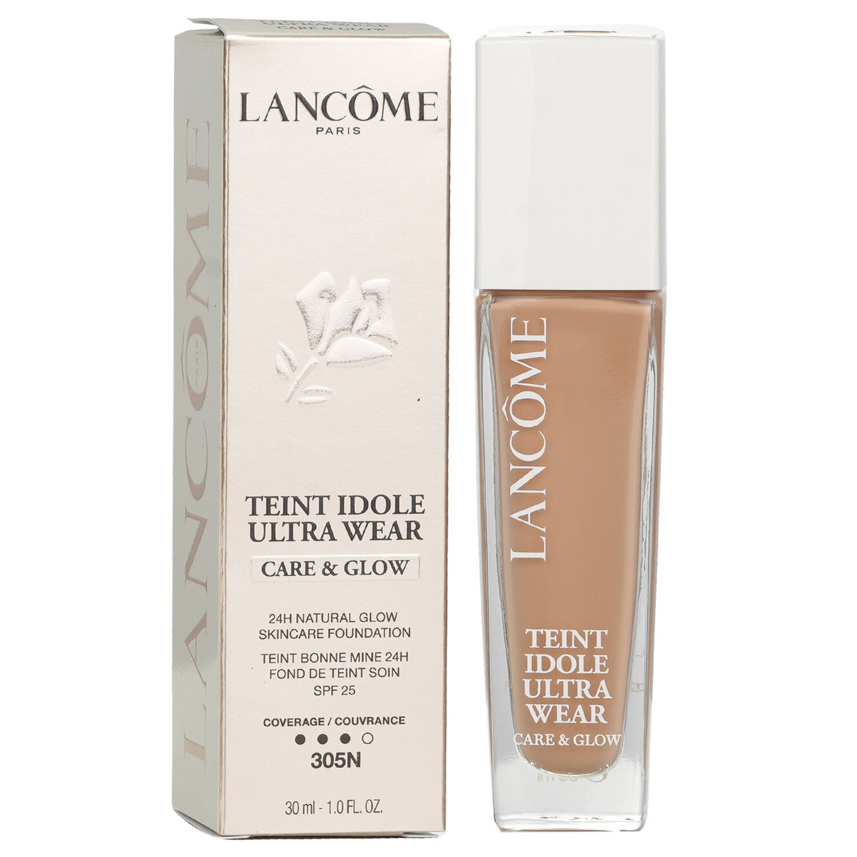 Lancôme Teint Idole Ultra Wear Care & Glow Foundation #305N in 30ml bottle, offers buildable coverage with hydration and SPF 25.