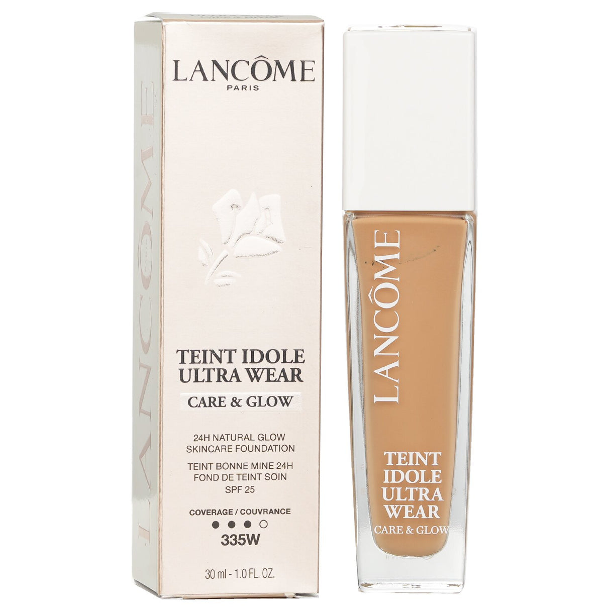 Lancome Teint Idole Ultra Wear Care & Glow Foundation #335W, a hydrating serum foundation for a radiant, flawless complexion.