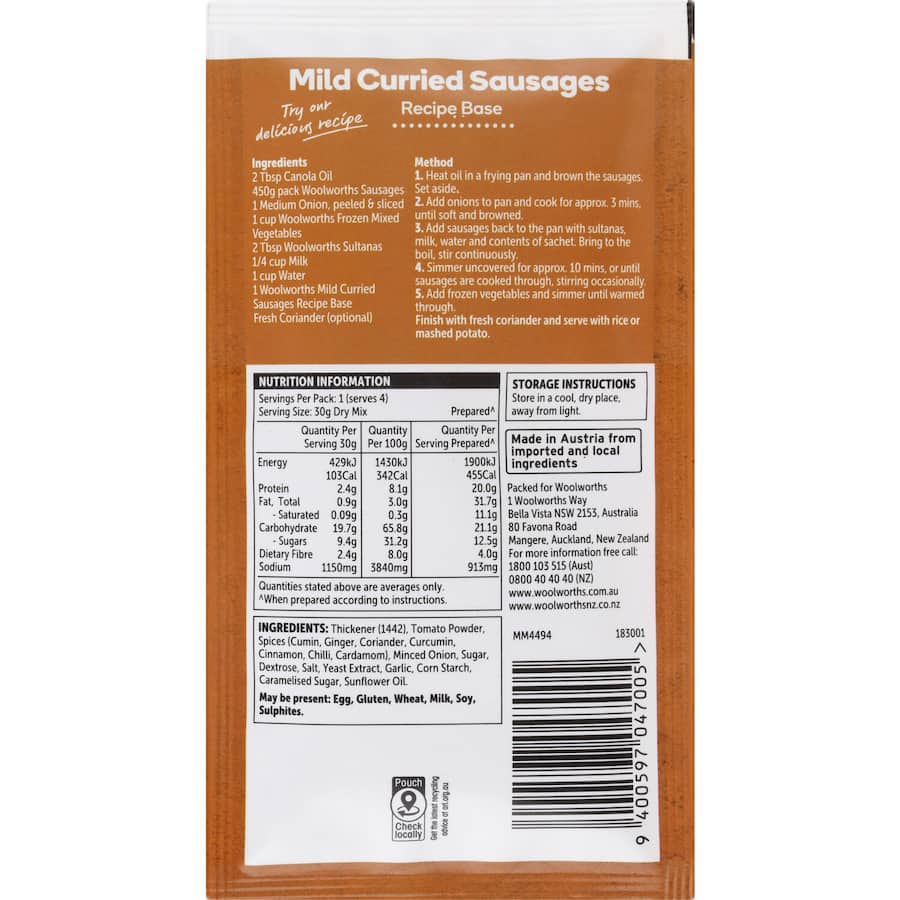 Woolworths Recipe Base Curried Sausages 30g