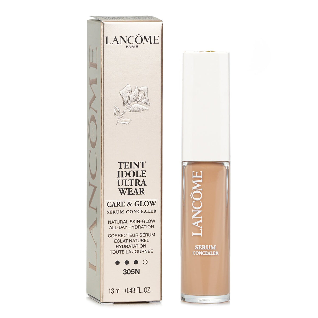 Lancome Teint Idole Ultra Wear Care & Glow Concealer #305N in 13ml, featuring medium coverage, 24hr hydration, and a luminous finish.