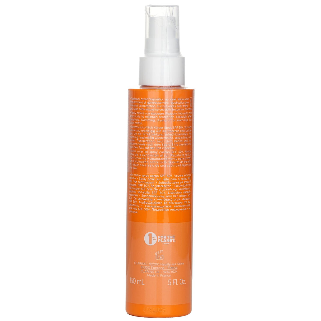 Clarins Sun Spray Body Lotion SPF 50, lightweight and non-sticky, offers high protection with nourishing organic ingredients.