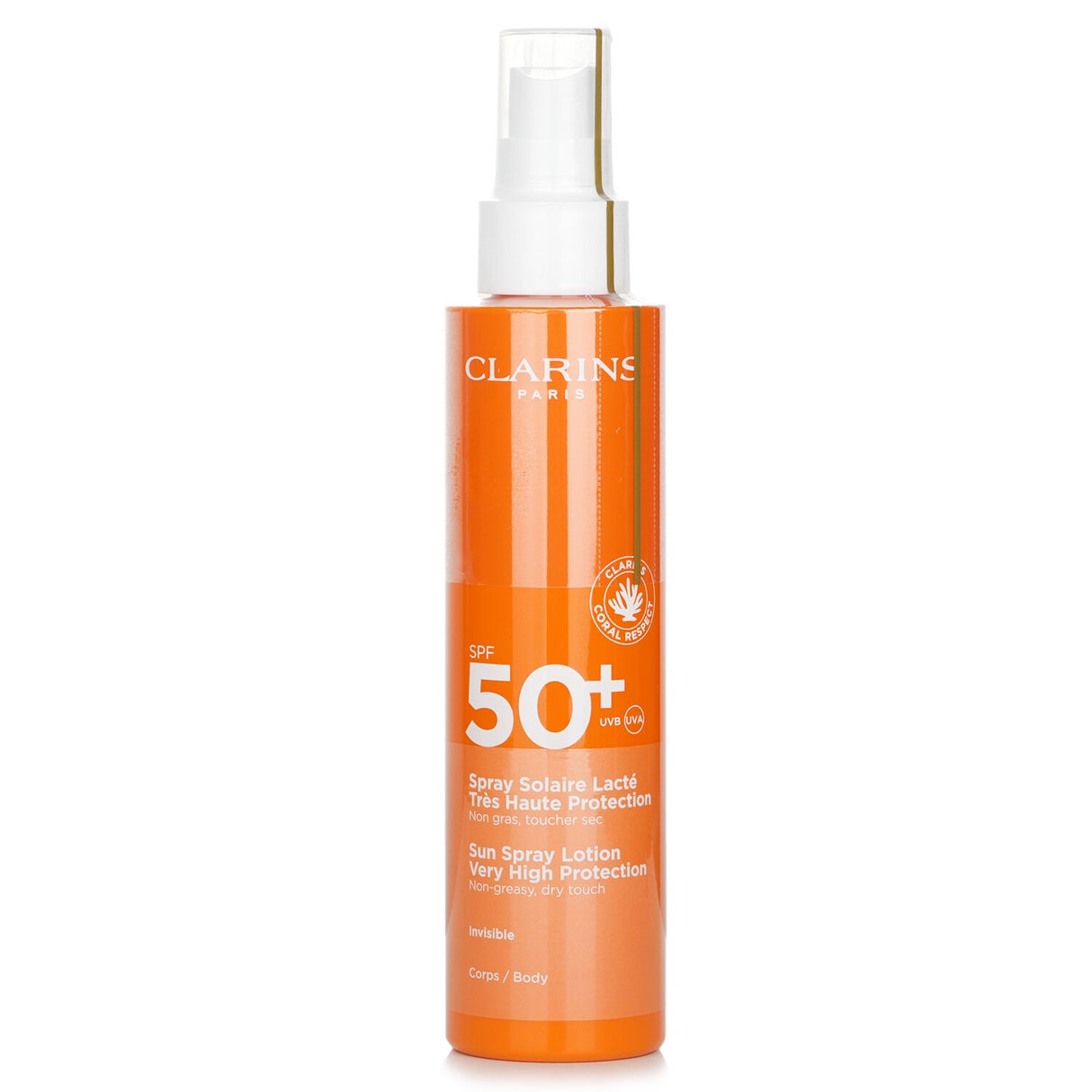 Clarins SPF 50 Sun Spray Body Lotion in 150ml, lightweight, quick-absorbing, protects skin with organic oils and aloe vera.