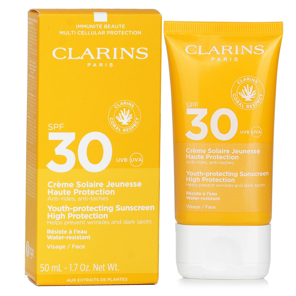 Clarins Youth Protecting Sunscreen SPF 30, a hydrating cream with broad spectrum protection and a matte finish for youthful skin.