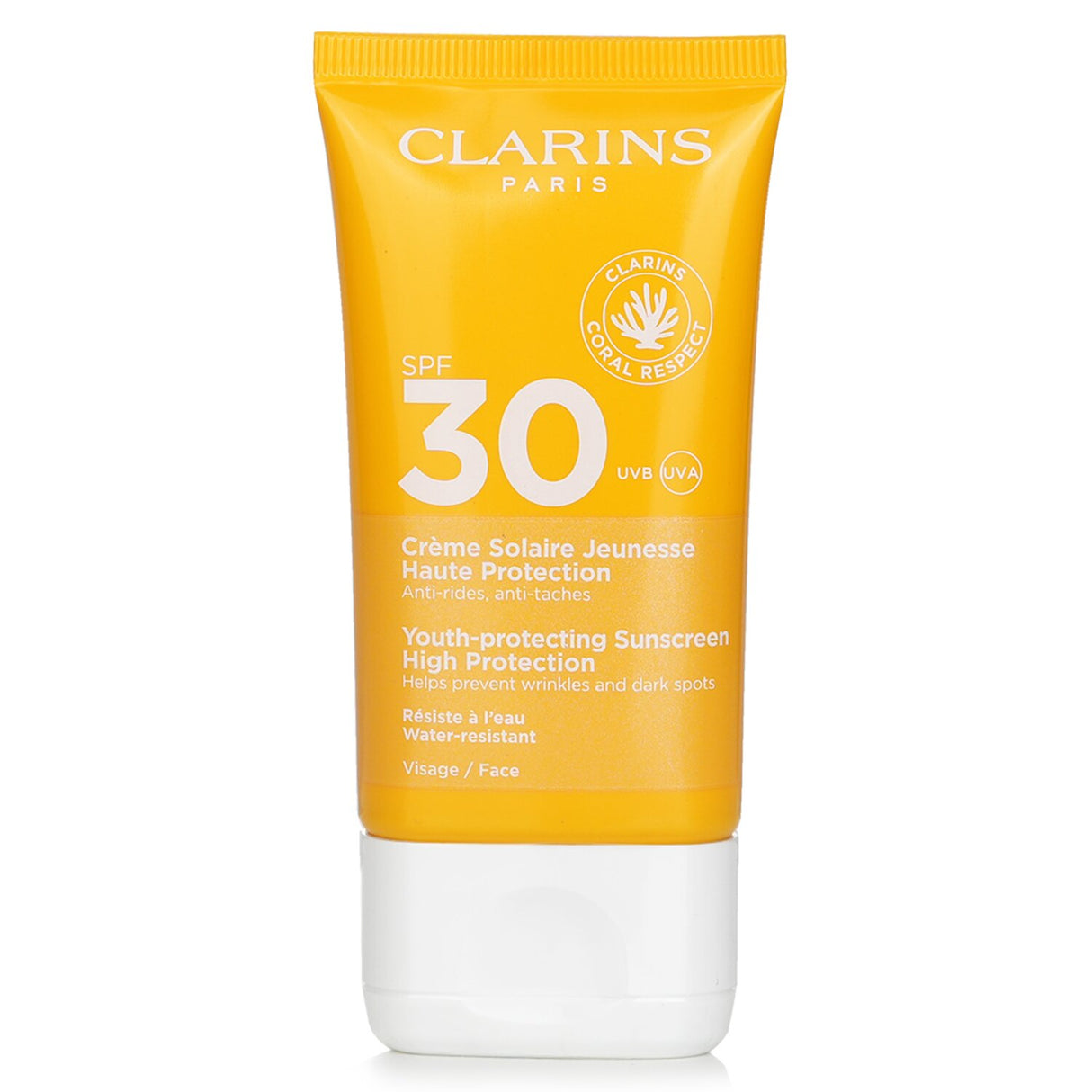 Clarins Youth Protecting Sunscreen SPF 30, a hydrating cream with broad spectrum UVA/UVB protection and matte finish, 50ml.