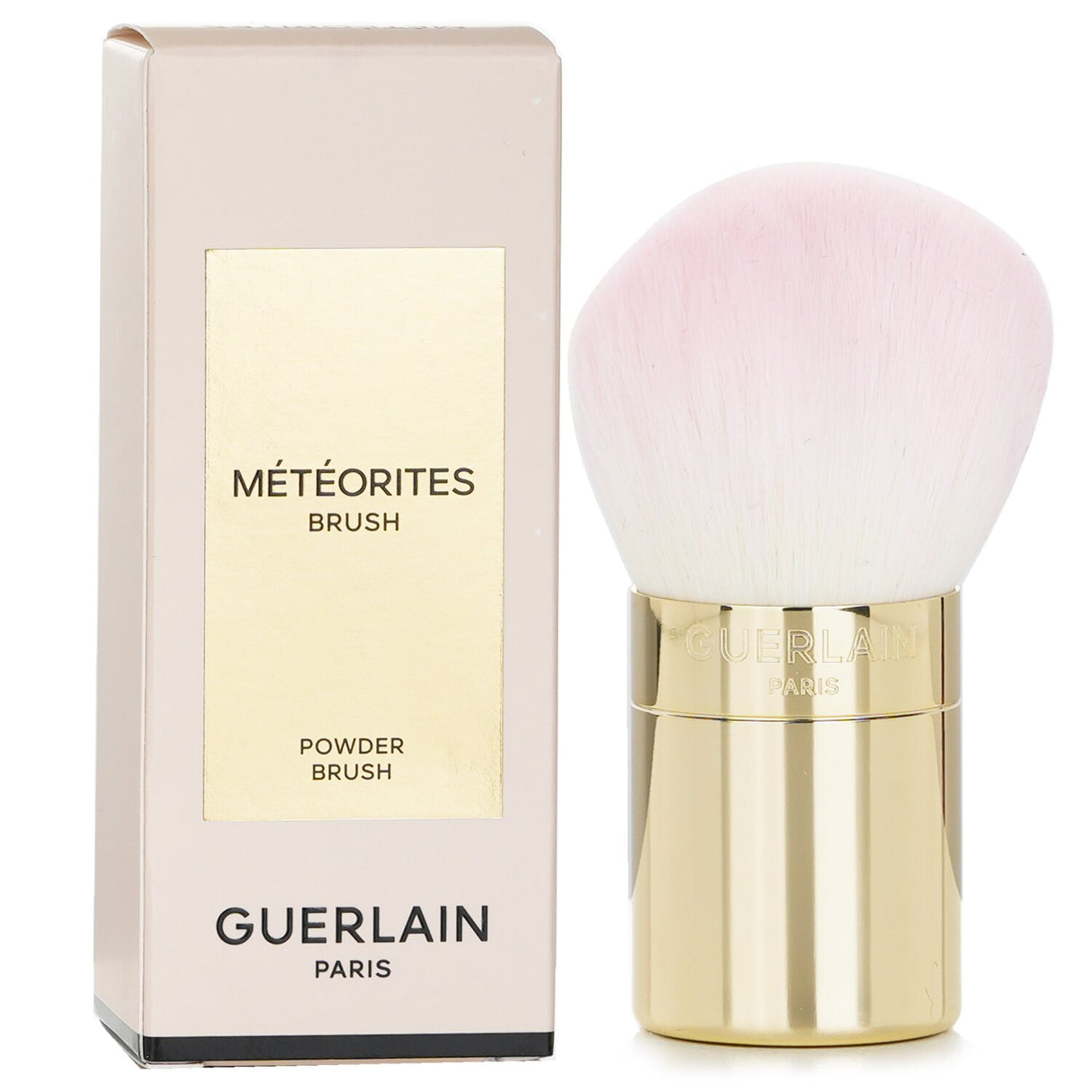 Guerlain Meteorites Powder Brush with soft synthetic bristles and golden handle, perfect for seamless makeup application.